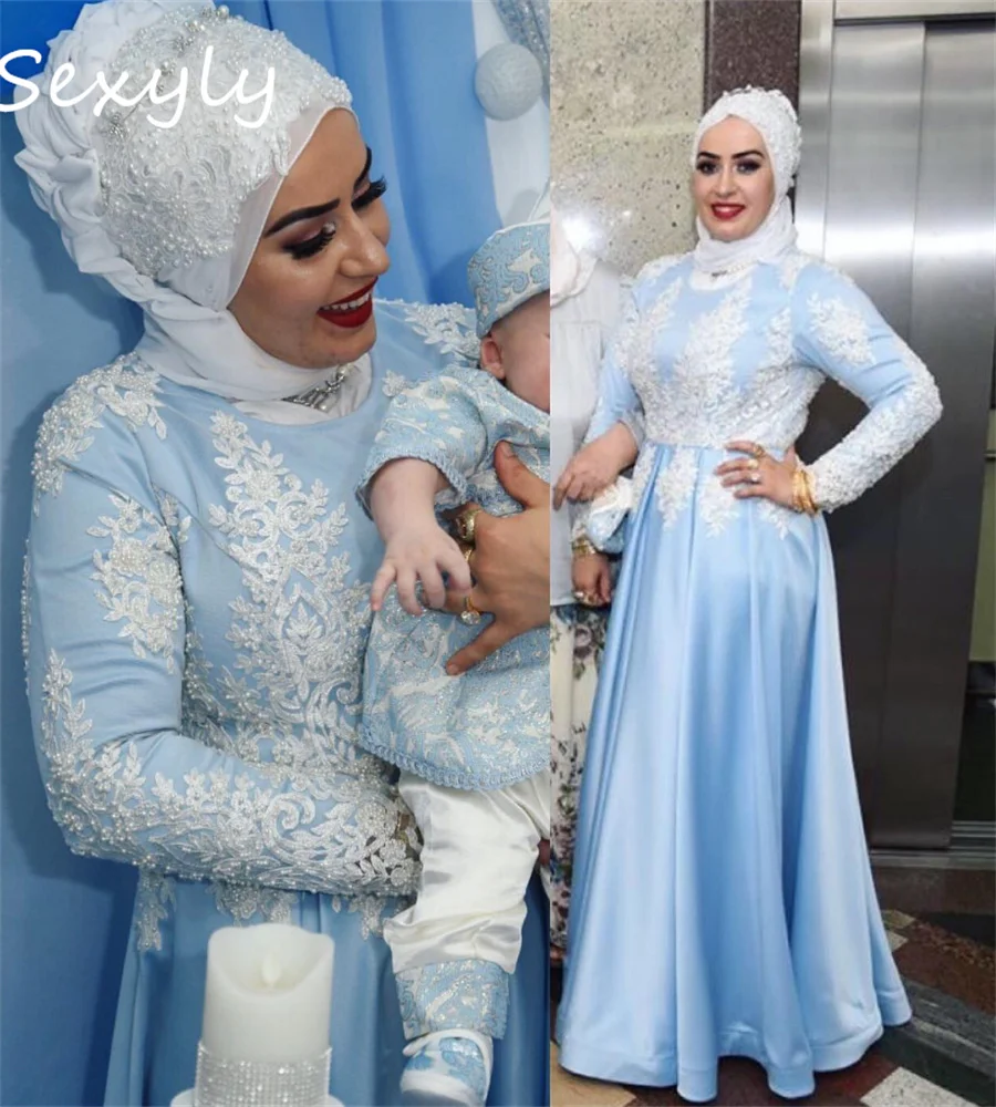 

Очаровательное синее мусульманское вечернее платье Дубай 2023 А-силуэт с длинным рукавом атласные платья для выпускного вечера кружевные вышитые бисером официальная абайя женское платье