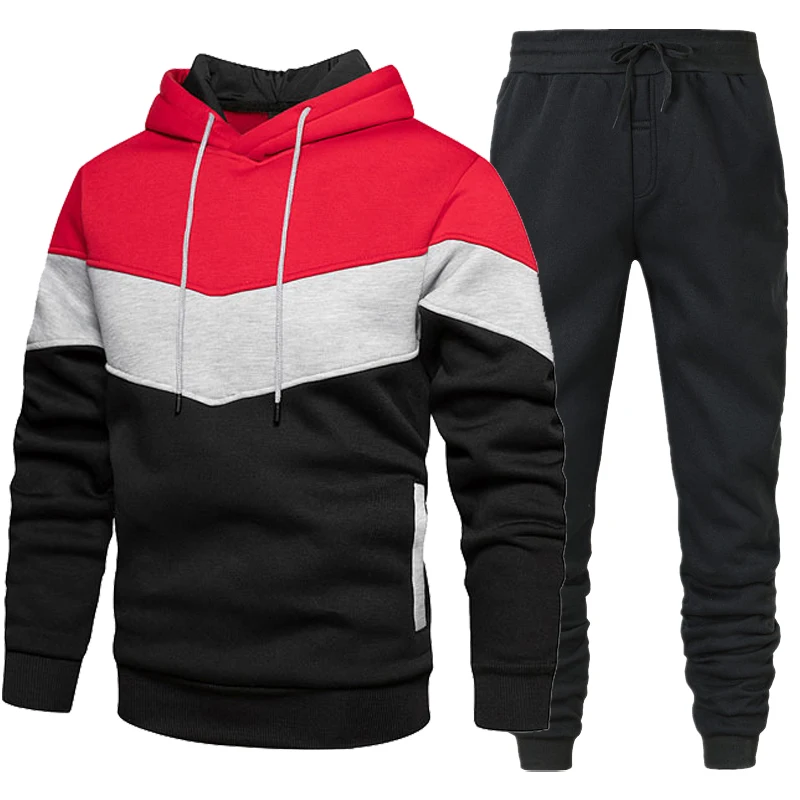 Men Fitness Hoodie Suit Casual 2Pcs Set Sweatshirt+Trousers Suit Men's Hooded Patchwork Sweate Sportswear Suit