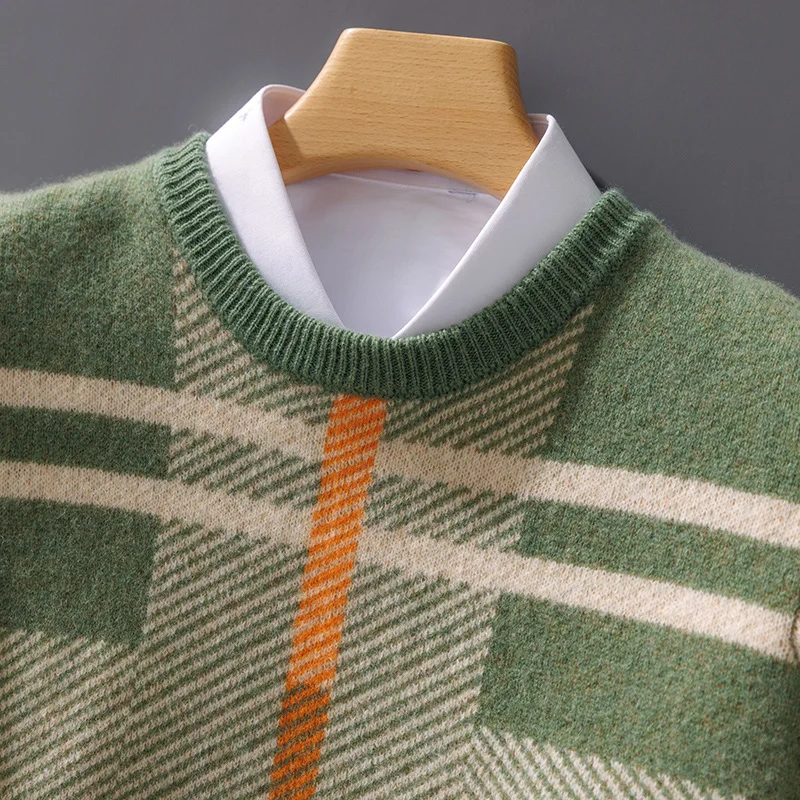 Autumn and winter new 100% pure merino wool pullover men's round neck cashmere sweater thickened warm loose Color block top 2