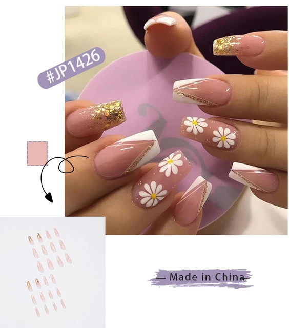 3D fake nails accessories pink glitter flowers with rhinestones design long  french coffin tips faux ongles press on false nail - AliExpress