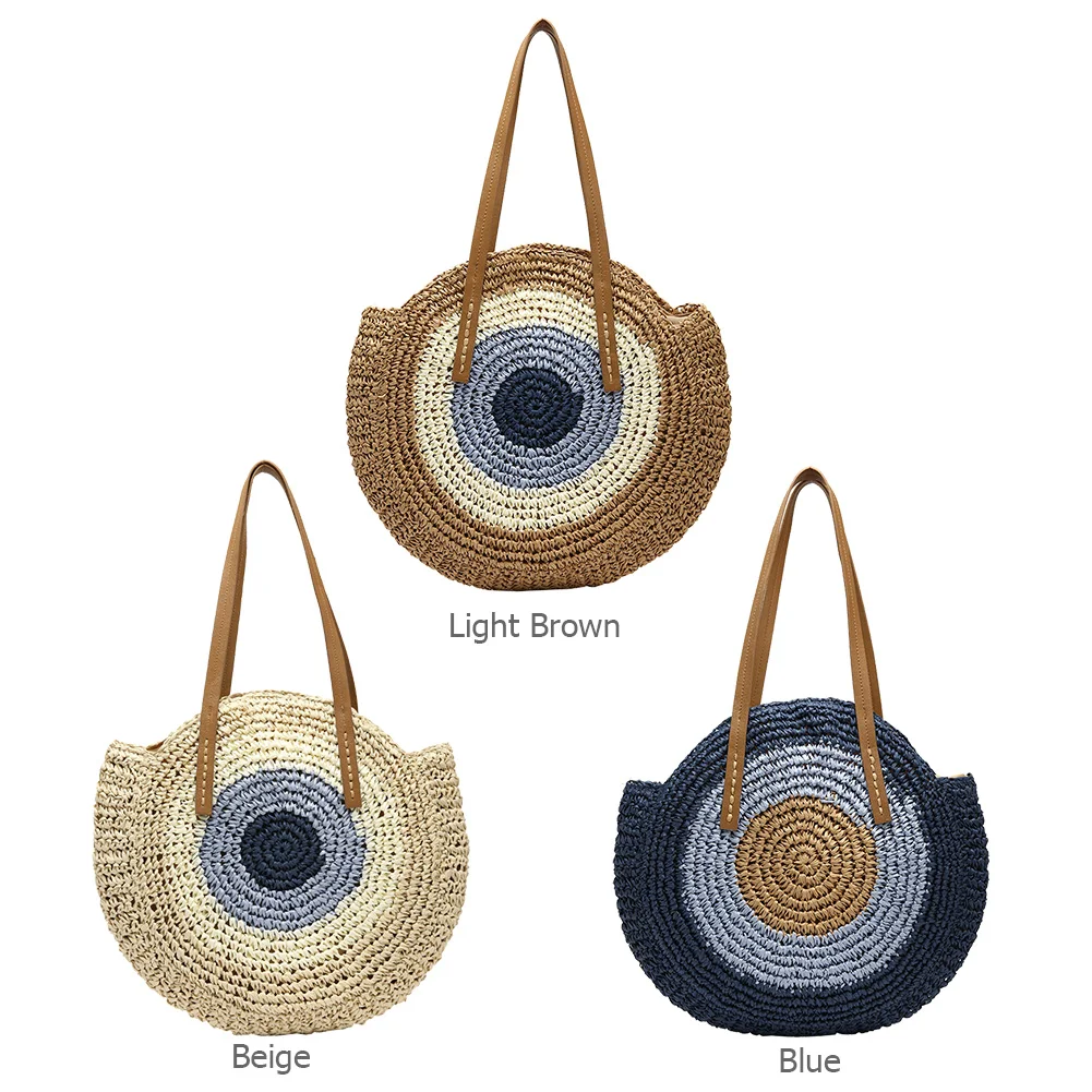 

Круглая плетеная пляжная сумка ручной работы, шикарный Повседневный тоут через плечо из соломы ротанга, женский пляжный мессенджер для морского побережья