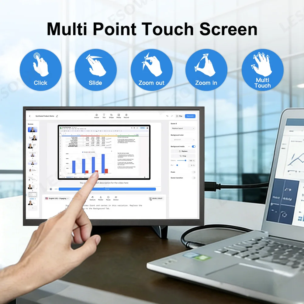 LESOWN USB C 휴대용 모니터 10.1인치 정사각형 IPS 1280x800 HDMI 노트북 보조 화면 비디오 문서용 외부 디스플레이