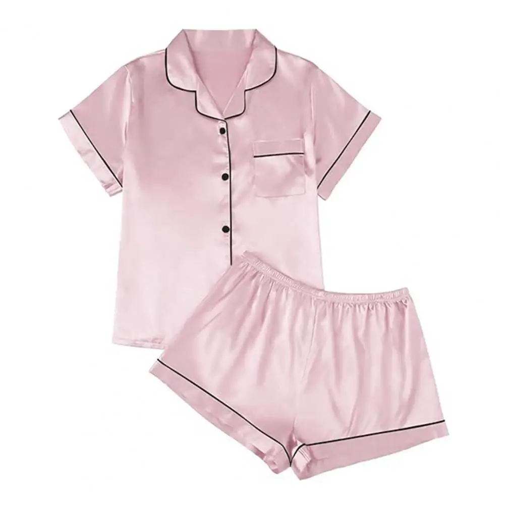 Two-piece Pajama Set Satin Pajama Set Elegant Imitation Silk Pajamas Set with Lapel Shirt Elastic Waist Shorts Summer for Women