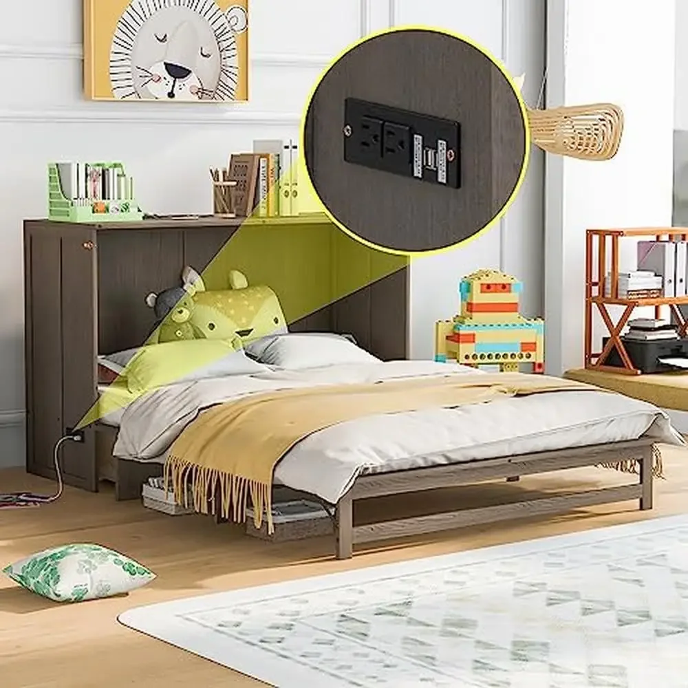 Queen Murphy Bed Cabinet with Charging Station Storage Drawer Modern Grey Bedroom Furniture 600lbs Capacity Kit