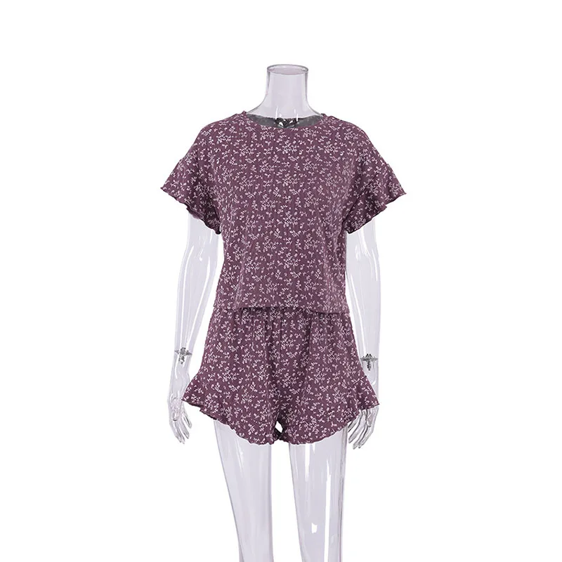 Fashion Sexy Printed Short Sleeved Shorts Women's Pajamas Two-piece Set Casual Loose Elastic Waist Ruffle Female Home Sleepwear