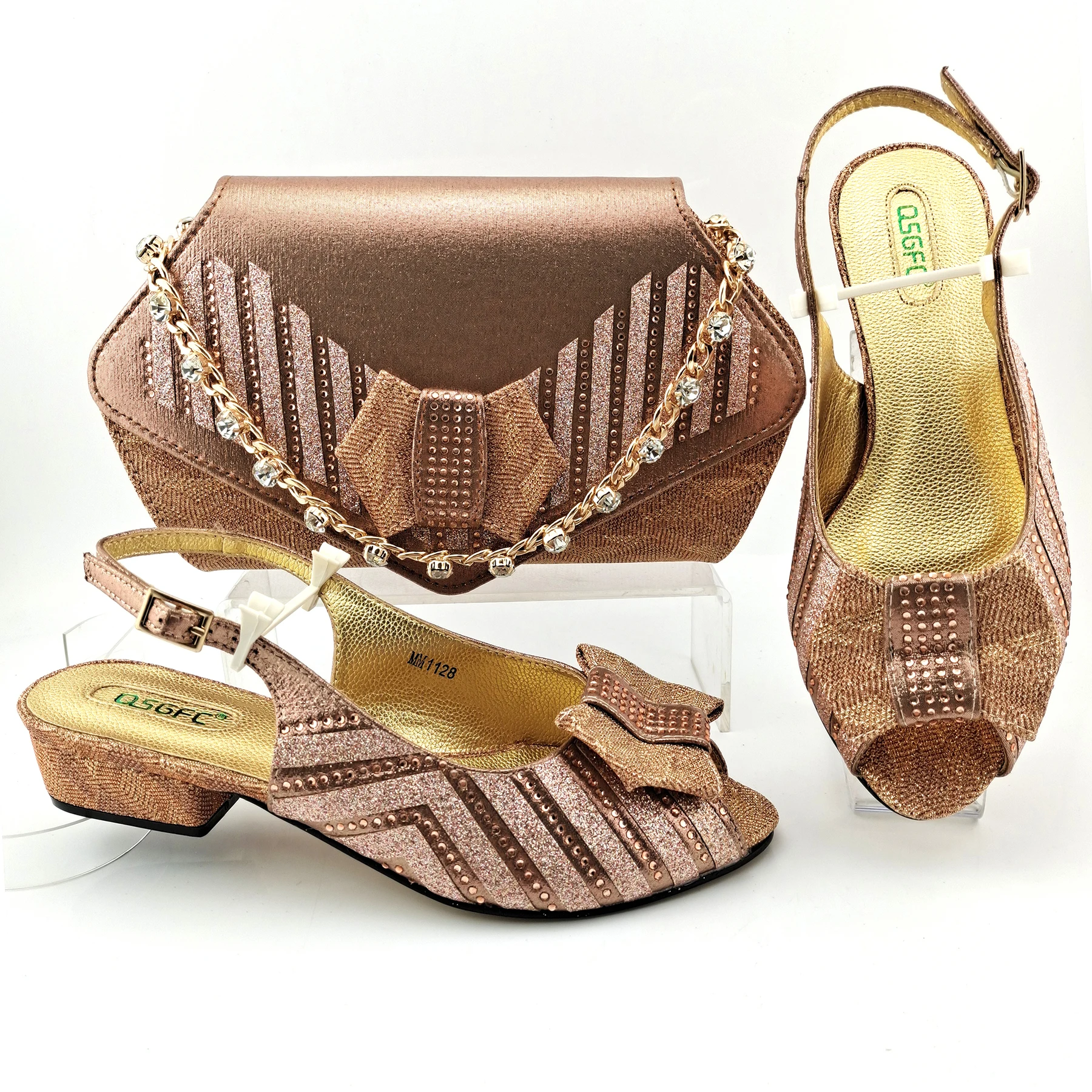 

Classic Peach Color Matching Shoes And Bags Fashion Butterfly-kont Shape Crystal Style Ladies Shoes and Bag Set for Party