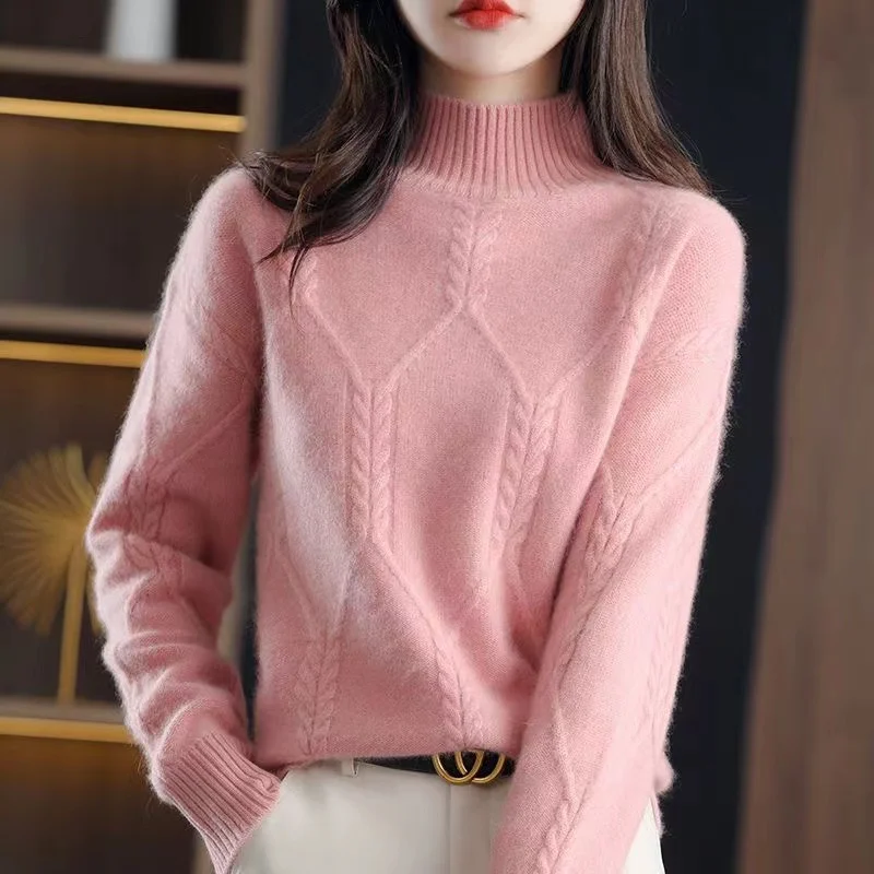 

2023 New Sweater Women Pullover Korean Fashion Half-high Collar Loose Long Sleeves Knitted Sweater Female Jumper Bottoming Shirt