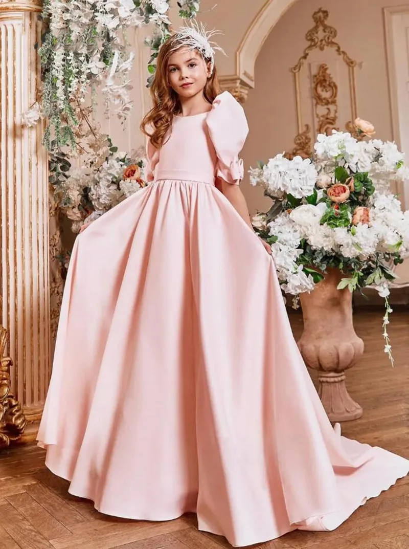 

Pink Satin A-Line Flower Girl Dresses with Puffy Sleeves Child Dress Girl Party Dress First Communion Gown