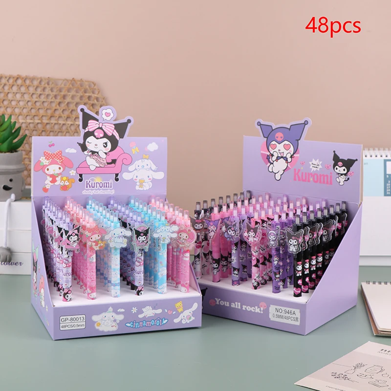 

48 шт., новинка, Sanrio в коробке, искусственная мелодия, Kuromi, милые ученические накладные ручки для письма, 0,5 мм, гладкое письмо для детей