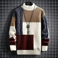 Men's Autumn Winter Japanese Vintage Color Block Knitted Top Fashionable Base Idle Style Woolen Jacket Student Casual Pullover