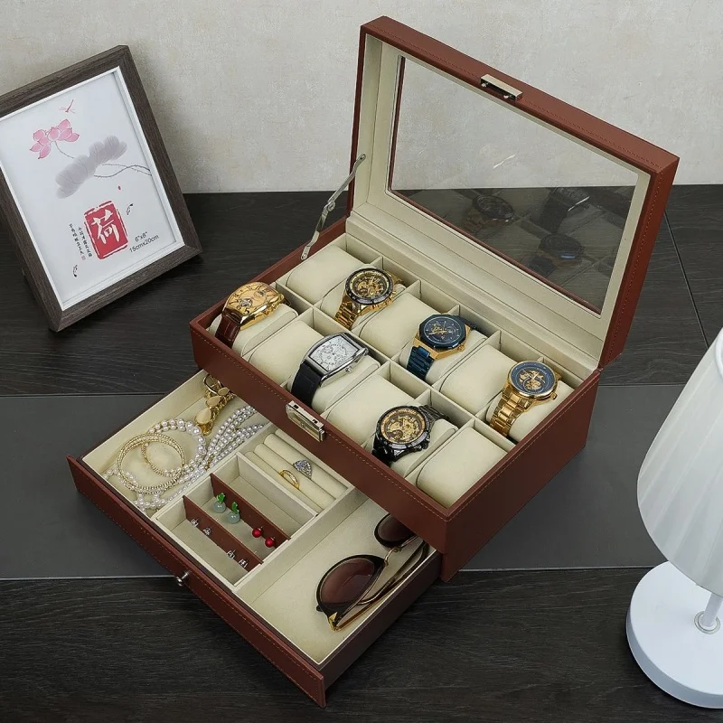 12-Slot PU Leather Lockable Watch Storage Box with Two-Tier Organizer, Secure Jewelry D... - SKU LWSB1516 - UGI Packaging