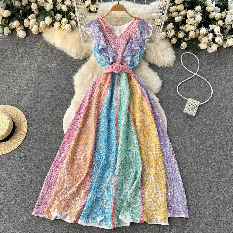 

Colorful Striped Floral Dress V-neck Sleeveless Ruffled Large Swing Long Dress Summer Women Boho Leisure Vacation Beach vestidos