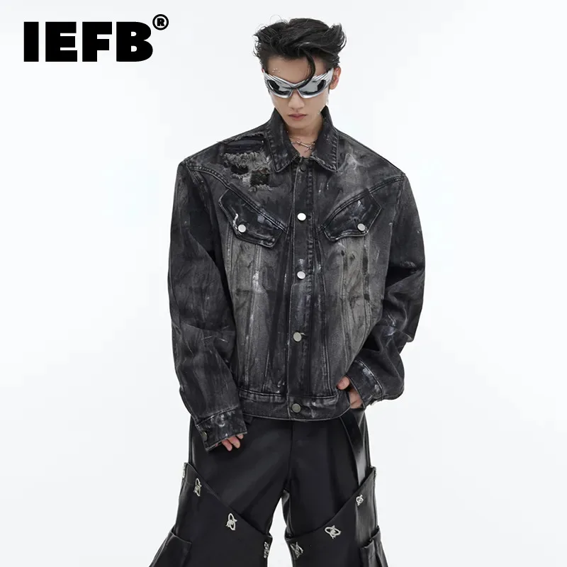 

IEFB Vintage Men's Denim Jacket Niche Design Retro Shoulder Pads Loose Jean Coat Trend Male Fashion Outerwear Autumn New 9C2638