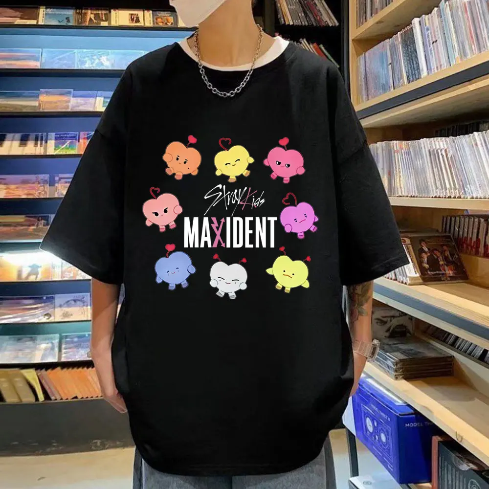 

Kpop Stray Kids Maxident Print T Shirt Men Women Fashion Hip Hop Pure Cotton T-shirts Summer Couple Street Casual Loose T-shirt