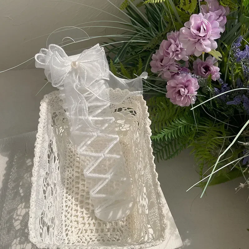 Summer Kawai Kids Girls Transparent Calf Socks Black White Striped Bow Ribbon Sock for Children Lace Cute Korean School Sock