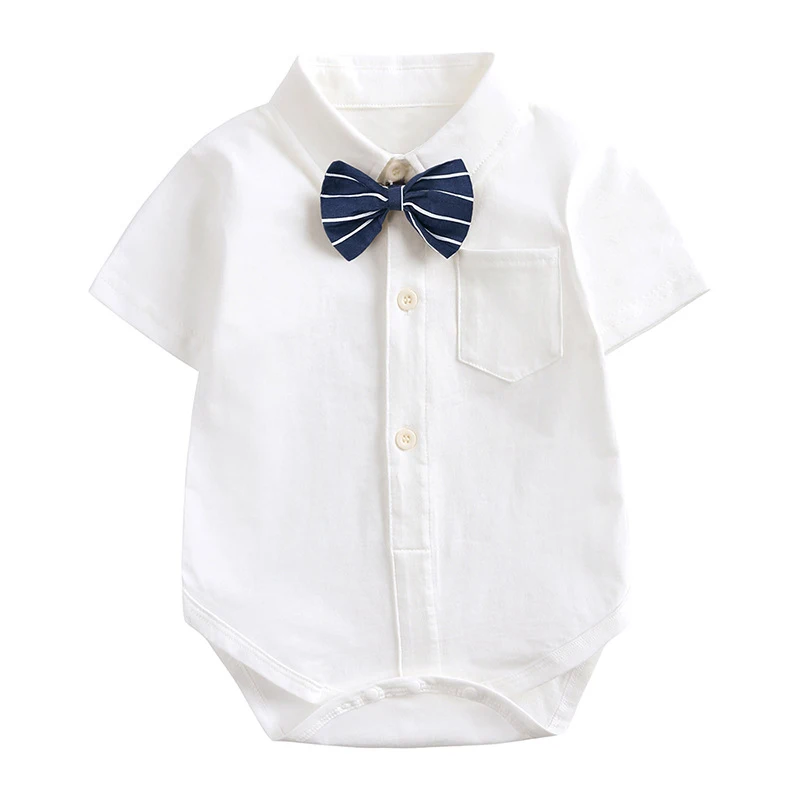

Newborn Baby Boy Clothing Gentleman Bodysuits Cotton Short Sleeve Lapel White Jumpsuit Infant 0-24 months