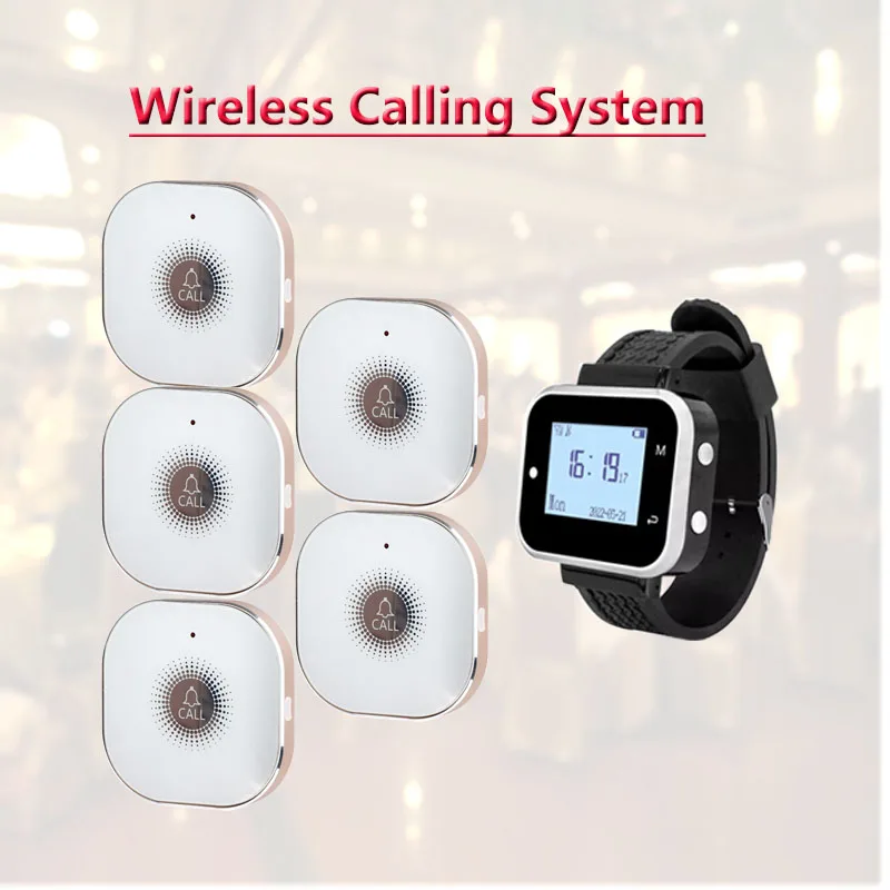 

Качество 5 сенсорных кнопок вызова 1 часы пейджер приемник Беспроводная система вызова официанта ресторан отель кафе