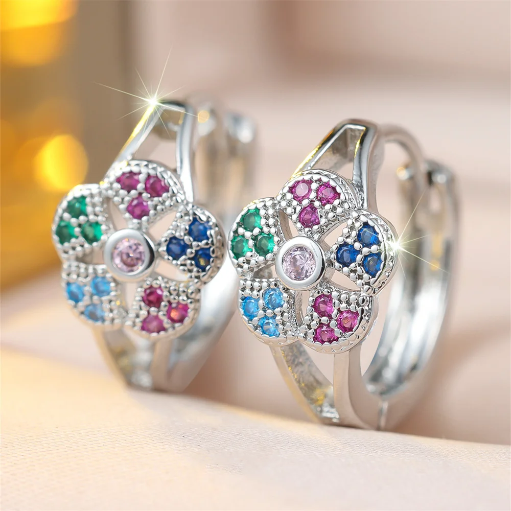 Female Cute Flower Rainbow Zircon Round Hoop Earrings For Women Vintage Gold Silver Color Ear Buckle Wedding Party Jewelry Gift