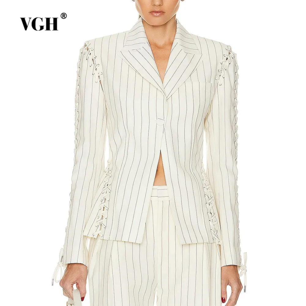 

VGH Colorblock Striped Printing Spliced Button Blazer For Women Notched Collar Long Sleeve Patchwork Lace Up Slim Blazers Female