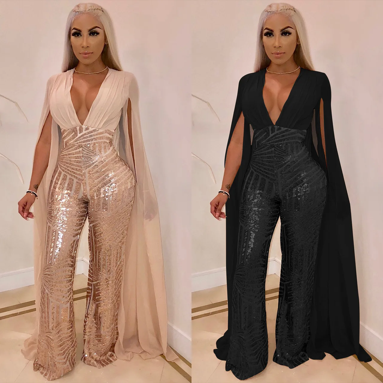 Women Hot Drilling Sequined Gold Cloak Night Party Bodycon Long Sleeve Open Back Luxurious V-neck Jumpsuits Sexy Club Rompers
