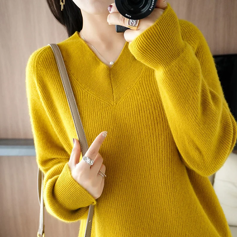 

Женский кашемировый свитер с V-образным вырезом, повседневный Вязаный топ из 100% чистой шерсти, свободный Женский Свитер оверсайз на осень и зиму