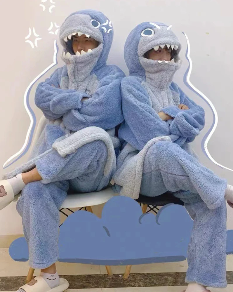 Couple's Winter Warm Thin Pajama Suit Length To The Ankle Polyester Animal Cartoon Breasted Type Leisure Wear With A Hat