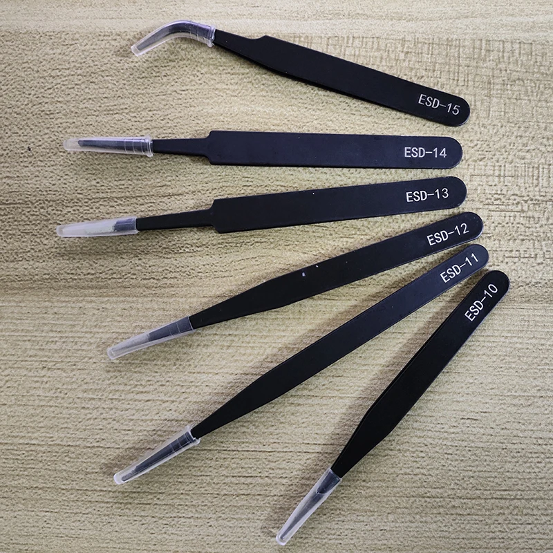 6Pcs Anti-static Stainless Steel Tweezers Maintenance Tool Industrial Precision Curved Straight Tweezers Repair Tools Set