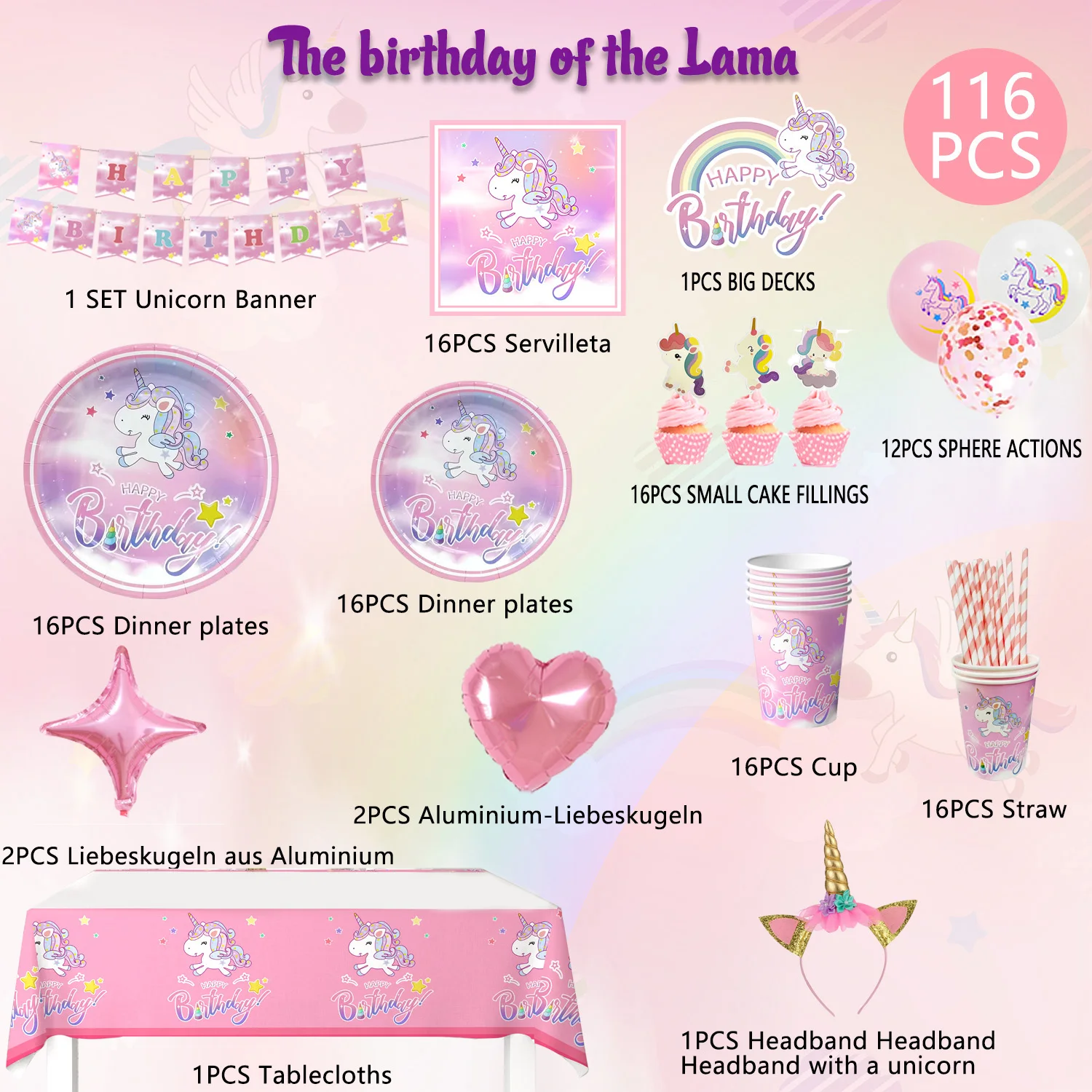 Unicorn Birthday Party Supplies,116pcs Decorations&Birthdays Tableware Set-Unicorn Party Plates Napkins Table Cloth etc 6
