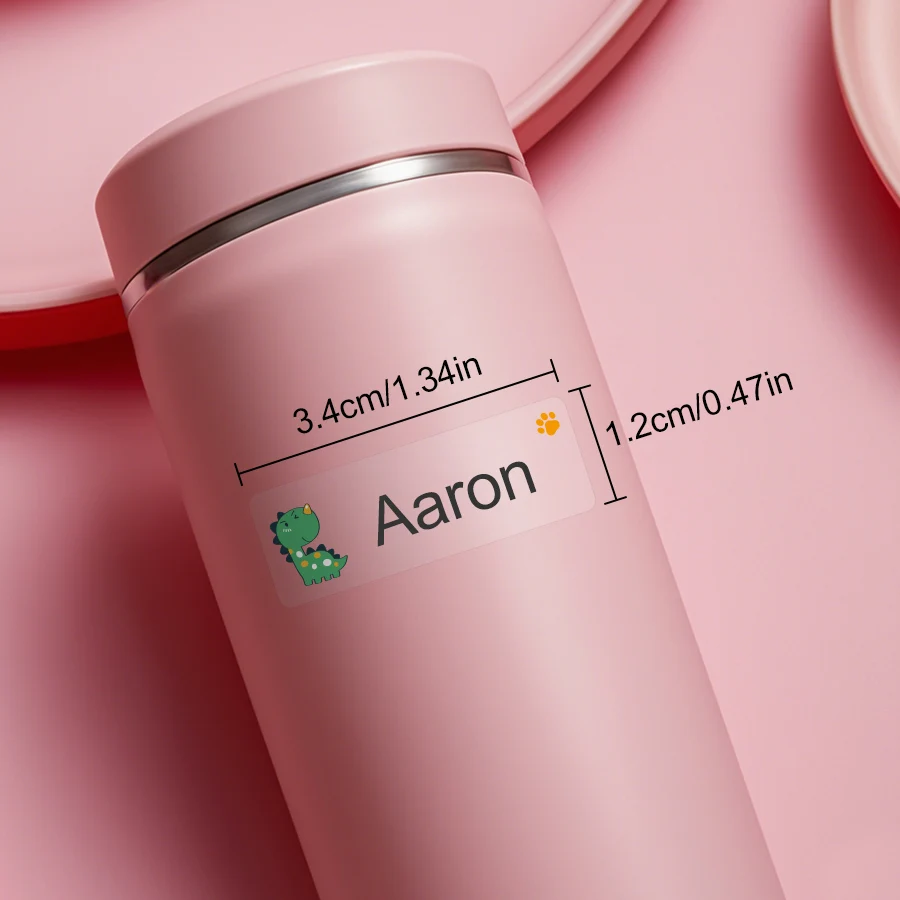 Waterproof name label on a reusable water bottle