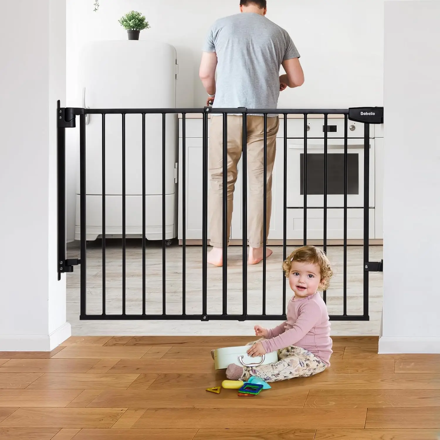

Babelio 29.7-46.5" No Bottom Bar Baby Gate for Stairs, Safety Pet Gates with Large Walk Thru Door, Hardware Mount Dog Gate