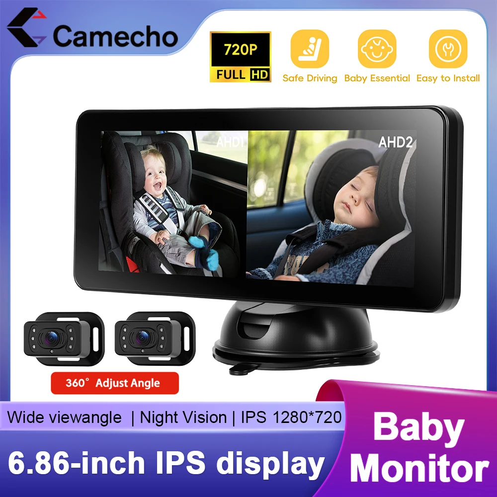 Camecho 2-Kamera-Rückfahrmonitor, 6,86 Zoll IPS-Bildschirm, Kopfstütze, Babyauto-Spiegel, Weitwinkel für Kleinkinder, Kinder, Haustiere, Nachtsicht