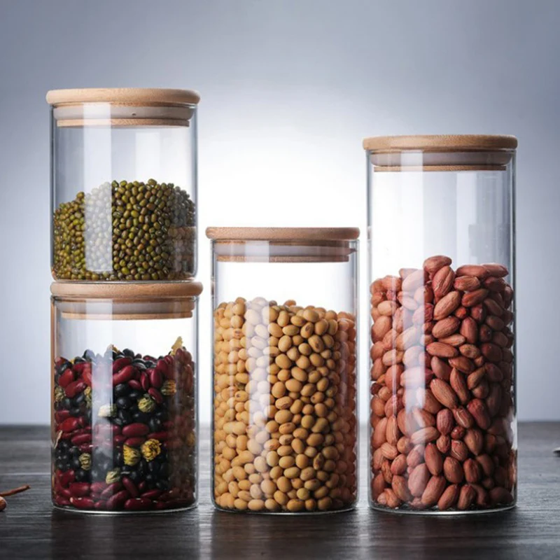 Round Glass Storage Jars With Bamboo Lid For Coffee Beans Grains Noodles Food Storage Containers Kitchen Organizers Storage 3