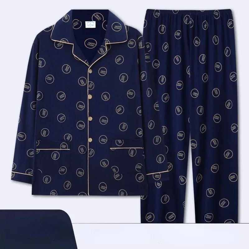 2024 new 100% Cotton Pajamas Men Spring Autumn Long-sleeved Loungewear Cotton Plus Size Fatty Youth Homewear Cardigan Suit