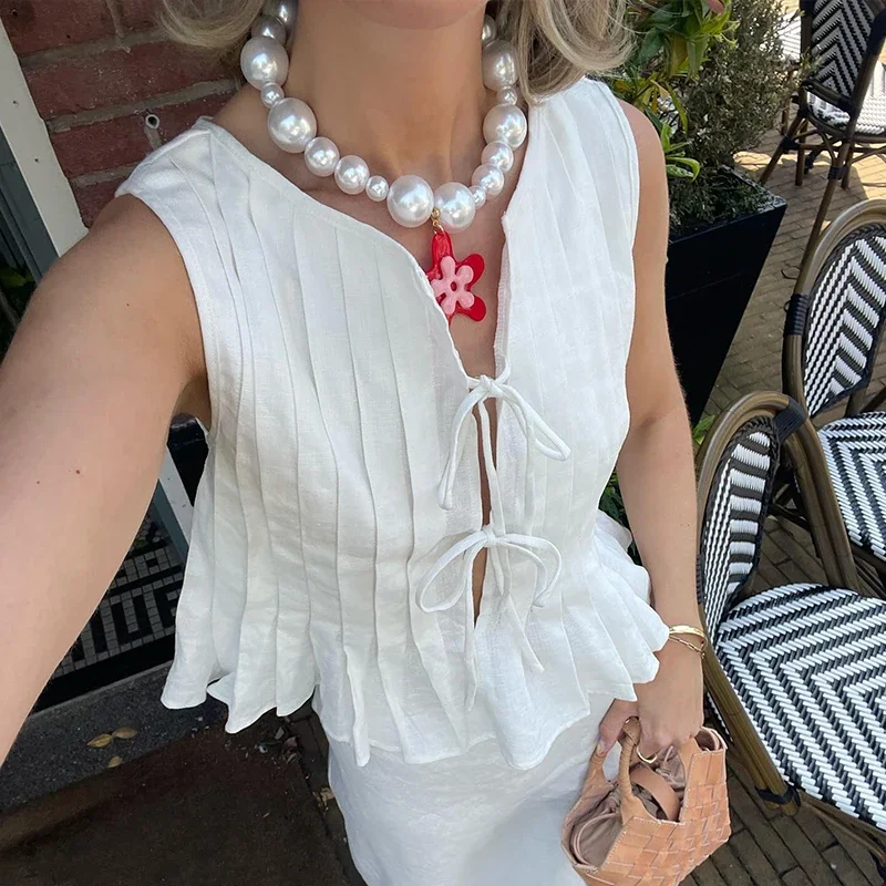 Elegant White Lace Up Tops For Women Pleated O-neck Sleeveless Ruffles Tank Summer New Chic Lady Party Vacation Vest
