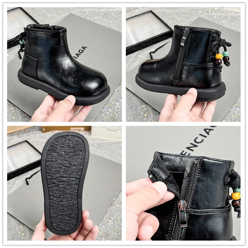 Leather Ankle Boots for Girls with Beaded Bow Non Slip