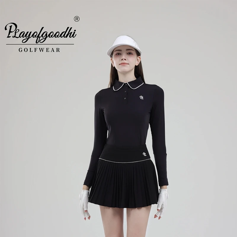 Female Golf Clothing Long Sleeve Golf T-shirt Women Polo Collar Tops High-waist Pleats Skirt Golfer Skorts with Inner Short