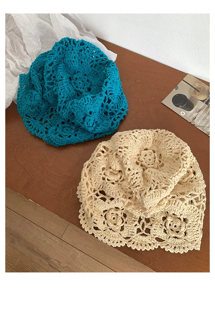 Japanische handgemachte aushöhlen gestrickte Blume Zylinder Damen Frühling Sommer künstlerische vielseitige Kappe Retro Ethno-Stil Pullover Kappe – Detail 10