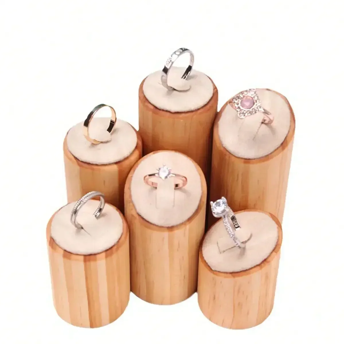 Rustic Solid Wood Jewelry Display Stand Set - 3-Piece Cylindrical Holder