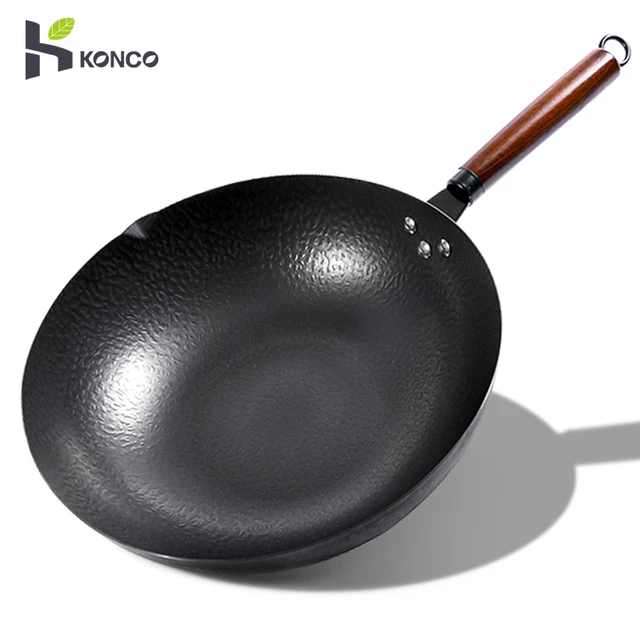 Wok de hierro fundido con tapa de madera, sartén de hierro cocina de  inducción china Pow Wok Cocina de gas universal 14Zoll