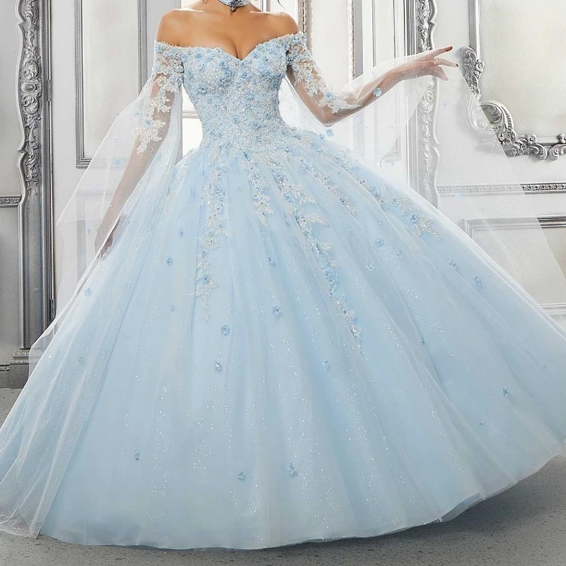 

Sky Blue Shiny Quinceanera Dresses Applique Lace Crystal Sequined Ball Gown Off The Shoulder With Cape Corset Vestidos Para XV