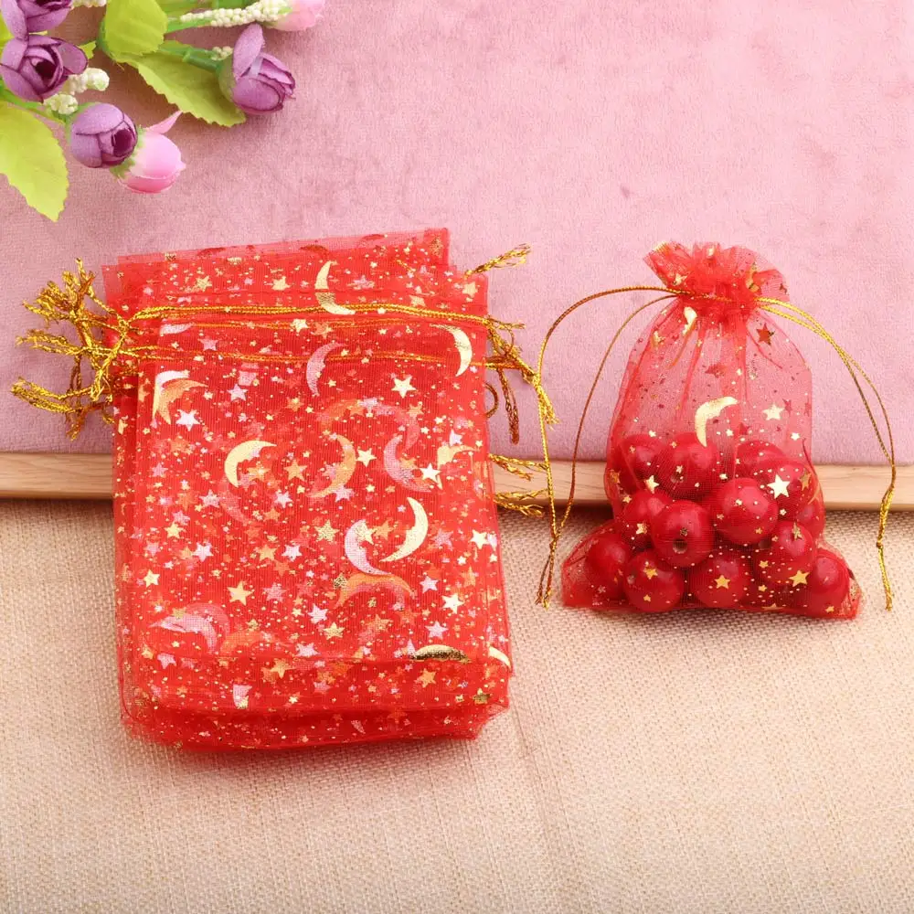 25/50pcs 7x9/9x12/10x15/13x18cm Star Moon Organza Gift Bags Mini Sachet Gold Color Drawstring Bag Jewelry Packaging Pouches 6