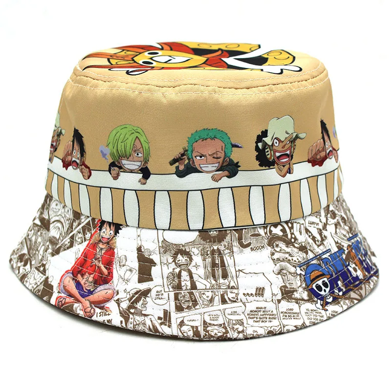

New Arrival Bucket Hat Japan OP Theme Printing Cotton Reversible Sun Protection Cap Trendy Fisherman Hats for Cartoon Fans Gift