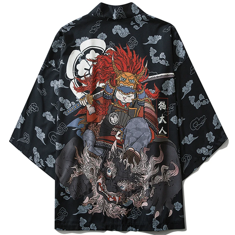 Traditional Japanese Samurai Cat Kimonos Cardigan Robe Men Summer Women Yukata Haori Casual Cosplay Anime Clothing