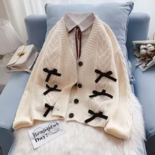 

SONG YI Spring Sweater Cardigan 2022 New Style Female Loose Lazy Style Cute Bow Sweet Student Korean Top Knit Sweater Coat A0260