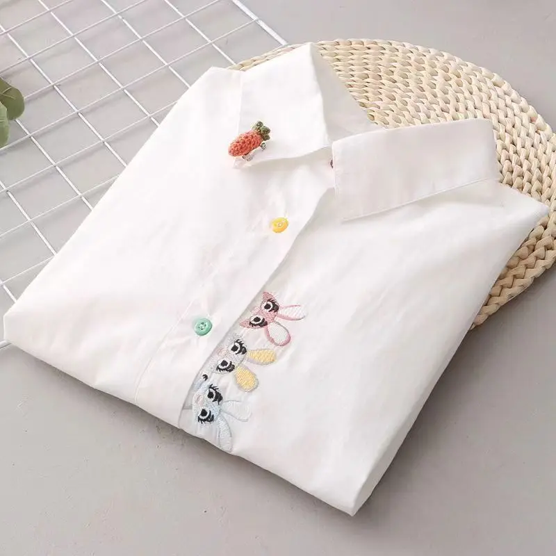 Women Spring Autumn Style Blouses Shirts Lady Casual Long Sleeve Turn-down Collar Cartoon Embroidery Blusas Tops DF4996