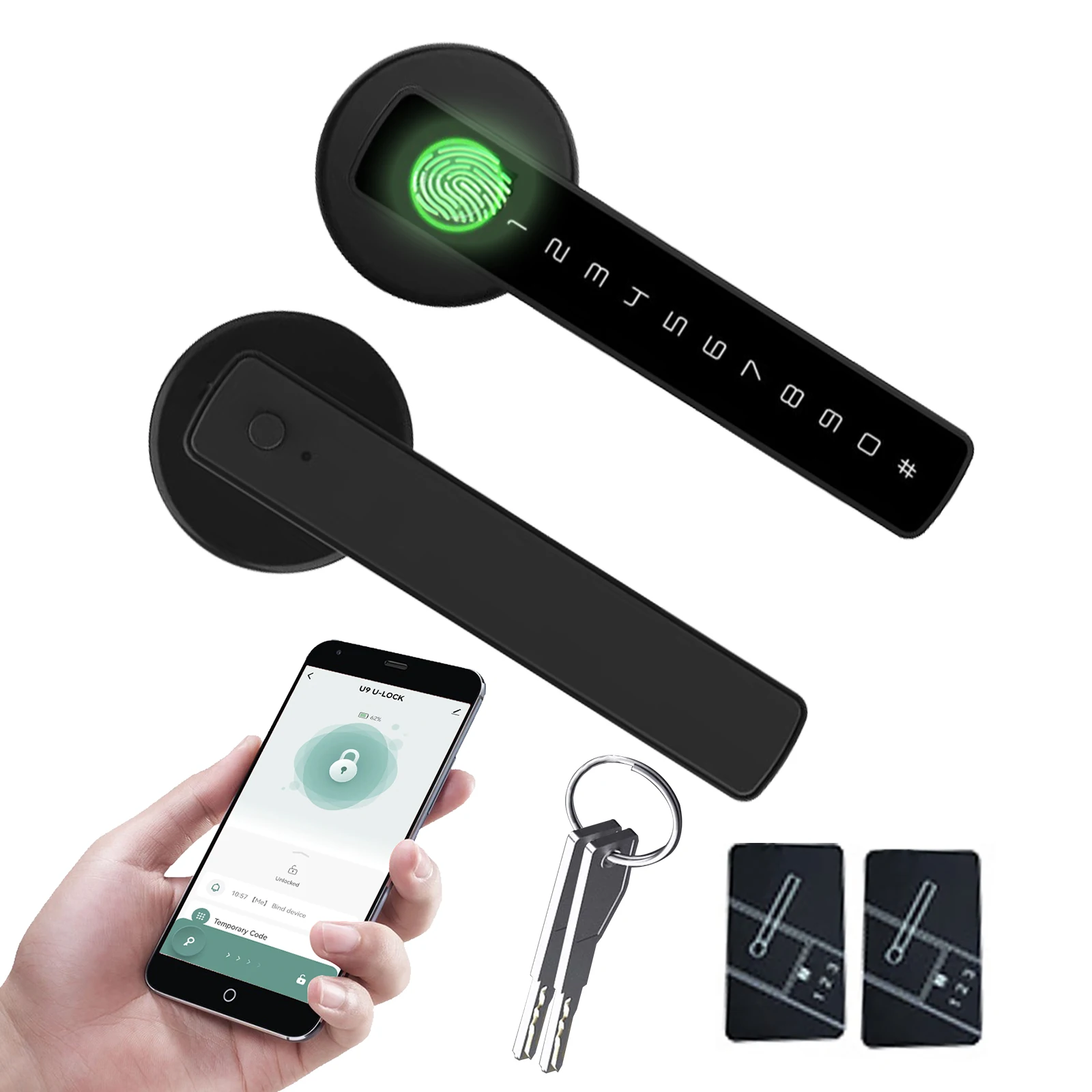 HIFAM Fingerprint Door Lock, Smart Door knob Black Biometric Locks 5-in-1 Unlock Fingerprint Bluetooth, Code, IC Card, Key