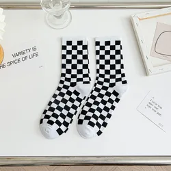 Women's Checkered Harajuku Street Fashion Socks - Black and White Plaid Cotton Novelty Skate Style Socks - EU 35-40 (1)