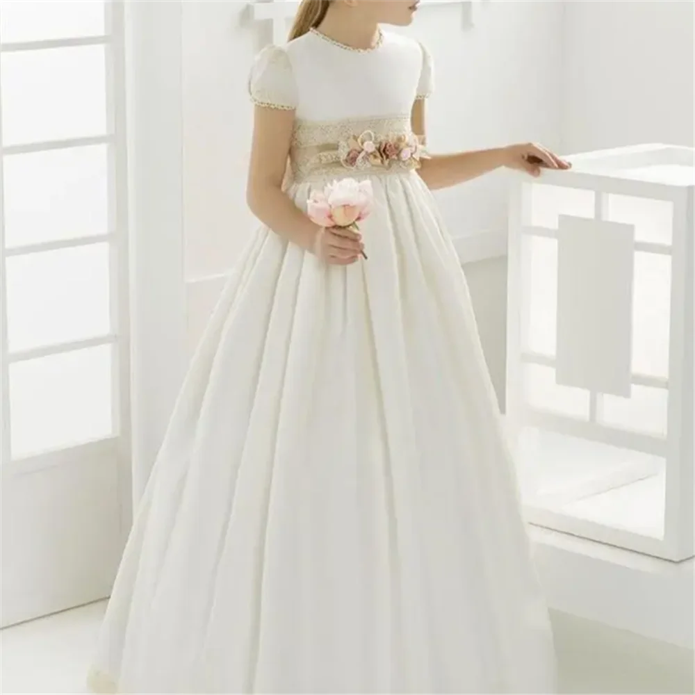 Flower Girl Dresses Pageant First Communion White Satin Lace Empire For Weddings Girls