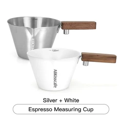 Elegant Stainless Steel Espresso Pouring Cup with Wood Handle & Precise Scale - 120ml (Set of 2pcs C)