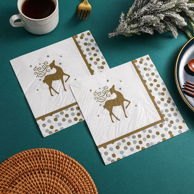 20pcs 33cm 2-Ply Christmas Napkins Golden Elk Gold Trimmed Polka Dot Printed White Paper Placemats Ambient Decorative Paper